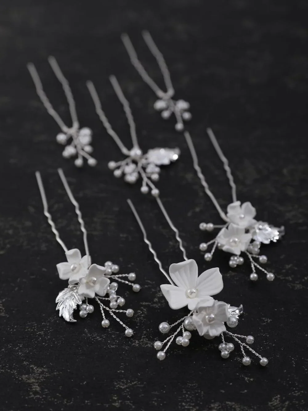 Elegant Handmade Pearl Wedding Hair Pins - 6 White Flower Gold Leaf Clips for